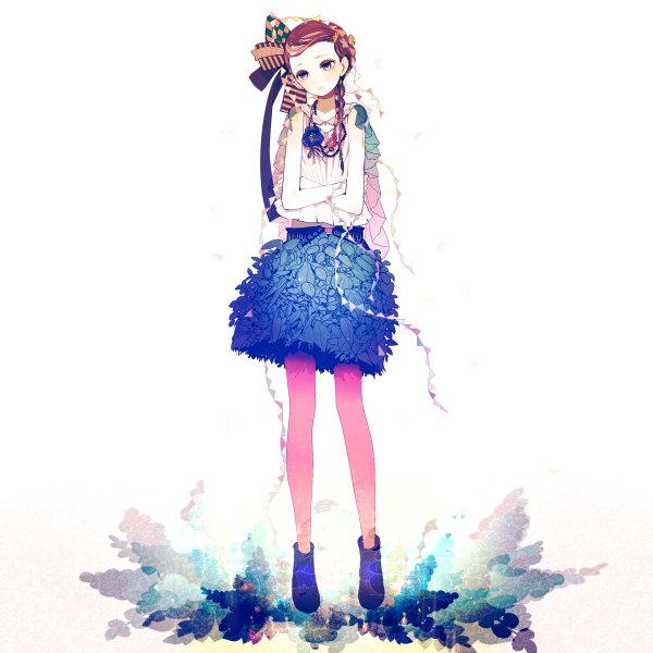 Anime picture 1200x1200 with original felt (lidsan) single long hair brown hair braid (braids) crossed arms multicolored eyes girl skirt bow hair bow boots leaf (leaves) necklace blue skirt