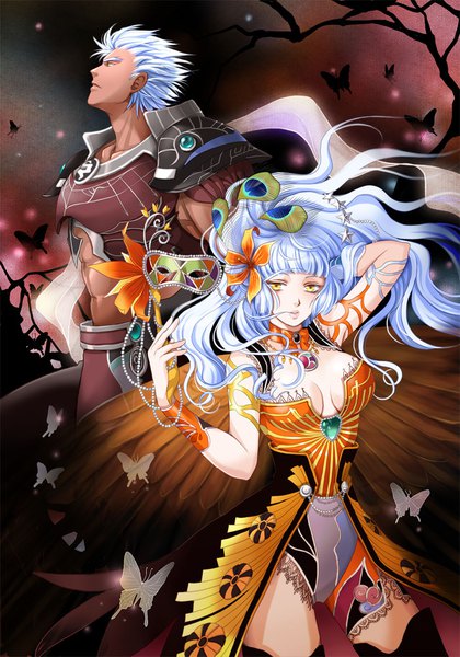 Anime picture 700x1000 with romancing saga romancing saga 2 rocbouquet noel (saga) maronee san long hair tall image looking at viewer fringe short hair breasts light erotic large breasts holding blue hair looking away cleavage blunt bangs profile hair flower