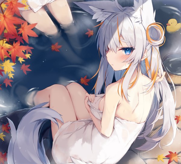 Anime picture 2207x2000 with original nibiiro shizuka long hair looking at viewer blush fringe highres breasts blue eyes light erotic sitting multiple girls holding animal ears payot silver hair full body ahoge bent knee (knees) outdoors