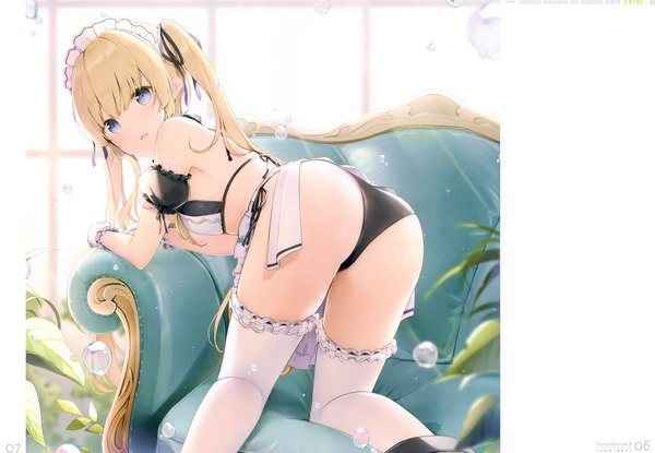 Anime picture 4879x3380 with saenai heroine no sodatekata a-1 pictures sawamura spencer eriri 6u (eternal land) single long hair looking at viewer blush fringe highres open mouth blue eyes light erotic blonde hair twintails bare shoulders absurdres ass indoors looking back