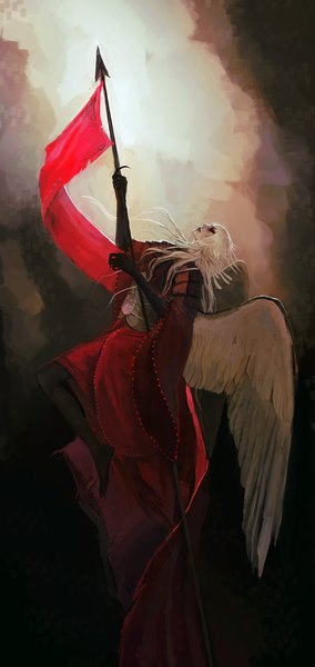Anime picture 700x1479 with original chaotic-muffin single long hair tall image simple background red eyes white hair angel wings white wings weightlessness boy wings flag claws