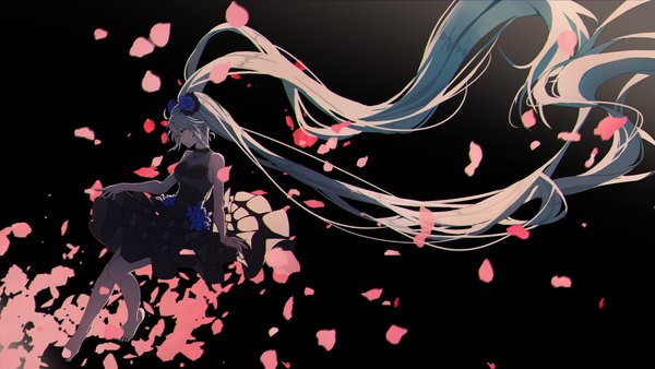 Anime picture 3840x2160 with vocaloid hatsune miku re:rin single highres wide image twintails absurdres full body very long hair profile barefoot aqua hair bare legs black background looking down girl dress petals black dress