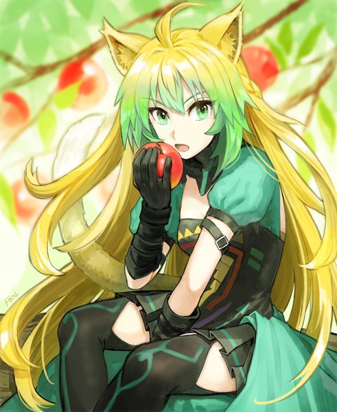 Anime picture 818x1000 with fate (series) fate/grand order atalanta (fate) fon-due (fonfon) single long hair tall image fringe blonde hair hair between eyes sitting green eyes animal ears ahoge tail animal tail multicolored hair green hair cat ears two-tone hair
