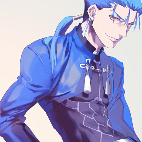 Anime picture 800x800 with fate (series) fate/stay night type-moon cu chulainn (fate) cu chulainn (fate/stay night) coralstone single long hair looking at viewer simple background smile red eyes blue hair ponytail grey background hand on hip archer (cosplay) boy earrings