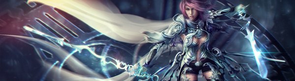 Anime picture 2000x550 with final fantasy final fantasy xiii square enix lightning farron eddy-shinjuku single long hair wide image holding green eyes pink hair wind dual wielding girl gloves ribbon (ribbons) weapon sword shorts armor