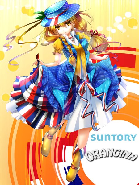 Anime picture 1200x1600 with original orangina bug (artist) single long hair tall image looking at viewer blonde hair smile yellow eyes flag print france girl dress hair ornament flower (flowers) ribbon (ribbons) hat jewelry hat ribbon