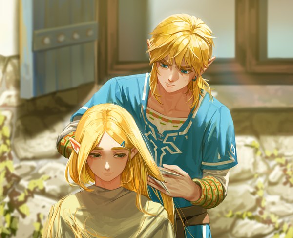Anime picture 3074x2500 with the legend of zelda the legend of zelda: breath of the wild nintendo princess zelda link nuavic long hair blush fringe highres blue eyes blonde hair smile hair between eyes standing sitting holding green eyes payot absurdres