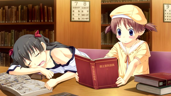 Anime picture 1024x576 with suigetsu 2 long hair blush short hair open mouth blue eyes black hair brown hair wide image multiple girls game cg eyes closed sleeping girl 2 girls book (books) child (children)