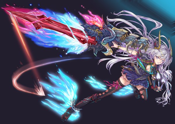 Anime picture 1200x855 with original wednesday (starsilver) single long hair blue eyes light erotic silver hair horn (horns) glowing dark background multicolored eyes girl thighhighs dress weapon black thighhighs sword necktie boots