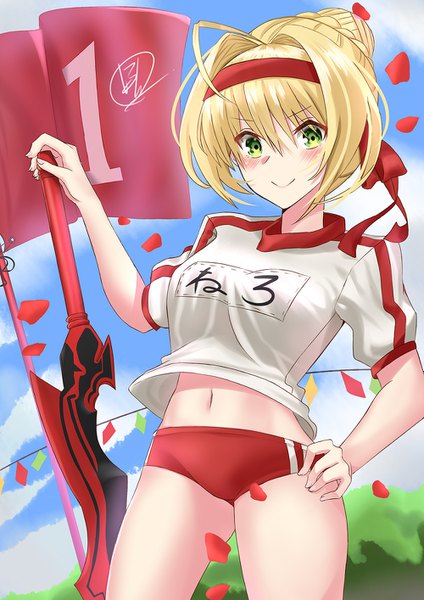 Anime picture 1000x1414 with fate (series) fate/grand order fate/extra nero claudius (fate) (all) nero claudius (fate) vdrn1dd2gxldt3g single tall image looking at viewer blush fringe short hair breasts light erotic blonde hair smile hair between eyes large breasts standing holding