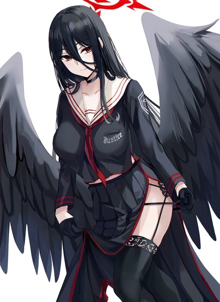 Anime picture 1300x1780 with blue archive hasumi (blue archive) nicky w single long hair tall image fringe light erotic black hair simple background smile hair between eyes red eyes white background pleated skirt side slit black wings low wings girl thighhighs