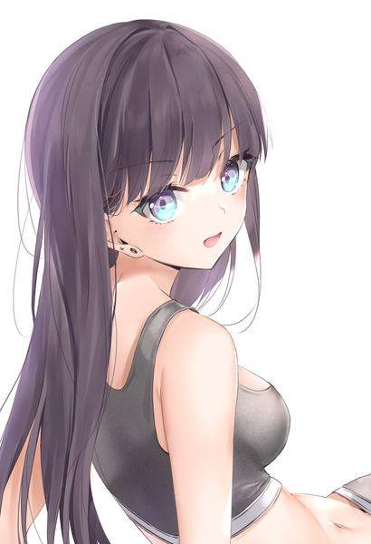 Anime picture 1246x1822 with original hane yuki single long hair tall image looking at viewer blush fringe breasts open mouth blue eyes light erotic black hair simple background white background bare shoulders blunt bangs :d piercing turning head