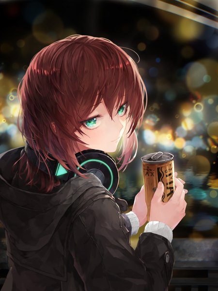 Anime picture 4500x6000 with original georgia max coffee crystalherb single tall image looking at viewer blush fringe highres short hair hair between eyes brown hair holding absurdres upper body outdoors long sleeves looking back aqua eyes light smile