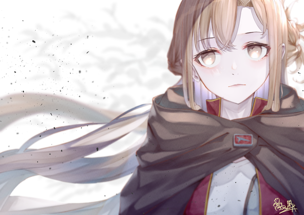 Anime picture 4093x2894 with sword art online sword art online progressive a-1 pictures yuuki asuna alpakakkax2 single long hair fringe highres blonde hair hair between eyes signed yellow eyes absurdres upper body wind empty eyes girl cape