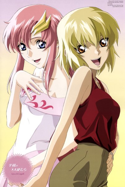 Anime picture 3439x5115 with mobile suit gundam gundam seed sunrise (studio) lacus clyne cagalli yula athha yoneyama kouhei long hair tall image looking at viewer fringe highres short hair open mouth blue eyes simple background blonde hair bare shoulders multiple girls brown eyes signed