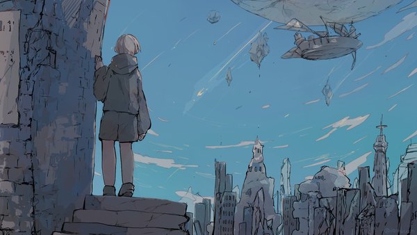 Anime-Bild 1920x1080 mit original aiamu iamu single highres short hair wide image standing sky cloud (clouds) full body grey hair from behind city cityscape ambiguous gender aircraft dirigible