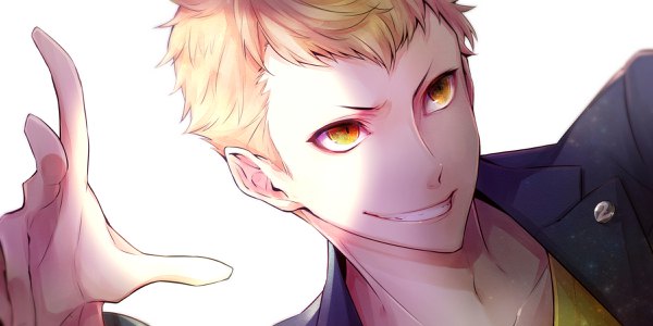 Anime picture 2400x1200 with persona 5 persona sakamoto ryuuji yuu (isis7796) single highres short hair simple background blonde hair smile wide image white background yellow eyes looking away shaded face face boy
