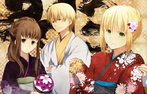 Anime picture 1000x641 with fate (series) fate/extra fate/extra ccc type-moon nero claudius (fate) (all) nero claudius (fate) gilgamesh (fate) female protagonist (fate/extra) pochi-a long hair short hair blonde hair brown hair multiple girls brown eyes green eyes traditional clothes japanese clothes hair flower new year