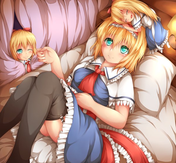 Anime picture 2700x2500 with touhou alice margatroid akkii (meragold) blush highres short hair blonde hair smile green eyes girl thighhighs dress black thighhighs hairband doll (dolls)