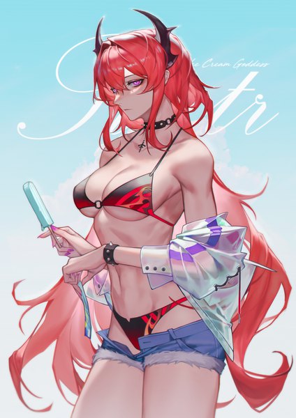 Anime picture 2200x3111 with arknights surtr (arknights) kamoboko single long hair tall image looking at viewer fringe highres breasts light erotic simple background standing purple eyes holding red hair nail polish horn (horns) fingernails off shoulder