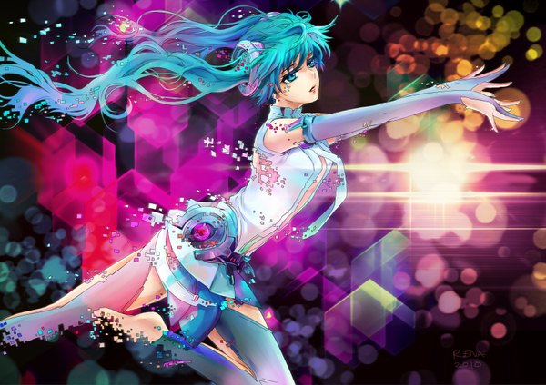Anime picture 3508x2480 with vocaloid vocaloid append hatsune miku hatsune miku (append) lilacc long hair highres twintails absurdres very long hair barefoot aqua eyes aqua hair outstretched arm digital dissolve girl thighhighs gloves necktie partly fingerless gloves