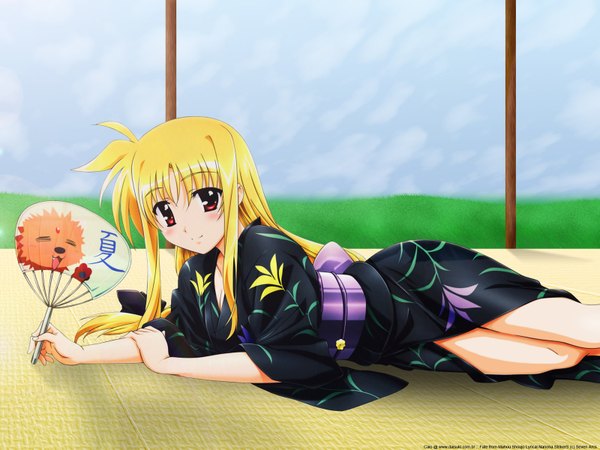 Anime picture 1600x1200 with mahou shoujo lyrical nanoha mahou shoujo lyrical nanoha strikers fate testarossa single long hair looking at viewer blush fringe blonde hair smile hair between eyes red eyes payot ahoge lying traditional clothes japanese clothes copyright name girl kimono