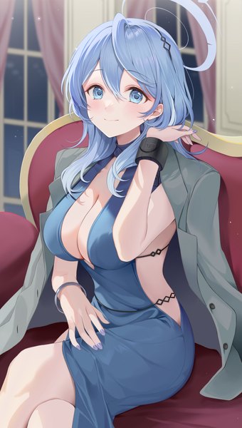 Anime picture 2343x4132 with blue archive ako (blue archive) ako (dress) (blue archive) ion (on01e) single long hair tall image looking at viewer fringe highres breasts blue eyes light erotic smile hair between eyes large breasts sitting blue hair indoors crossed legs