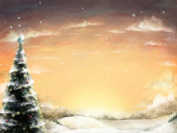 Anime picture 1024x768 with original yun laurant sky snowing winter snow no people plant (plants) tree (trees) christmas tree