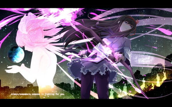 Anime picture 1680x1050 with mahou shoujo madoka magica shaft (studio) akemi homura kaname madoka tsukumo long hair short hair black hair wide image purple eyes multiple girls pink hair eyes closed ghost girl ribbon (ribbons) 2 girls hair ribbon hairband bow (weapon)