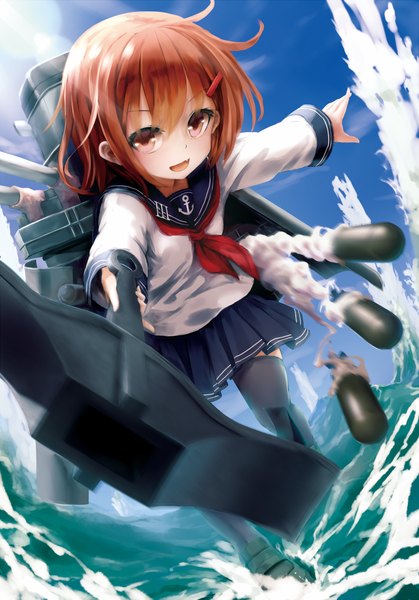 Anime picture 900x1288 with kantai collection ikazuchi destroyer kachayori single tall image looking at viewer short hair open mouth brown hair brown eyes girl thighhighs skirt uniform weapon black thighhighs school uniform water anchor torpedo