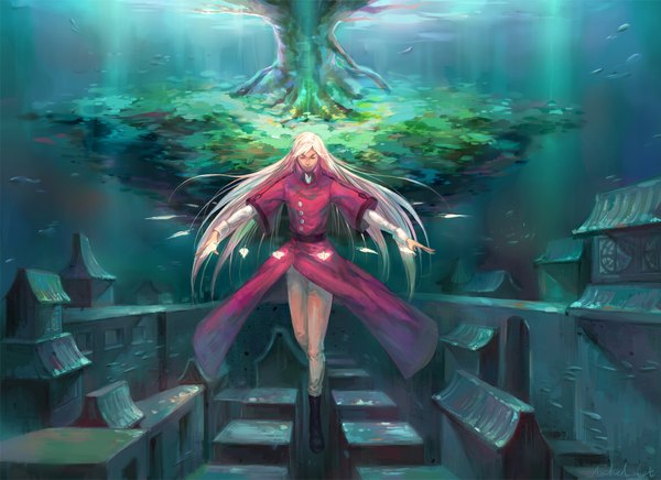 Anime picture 1167x849 with original naked cat single long hair white hair eyes closed magic spread arms underwater weightlessness boy plant (plants) tree (trees) water building (buildings) fish (fishes)