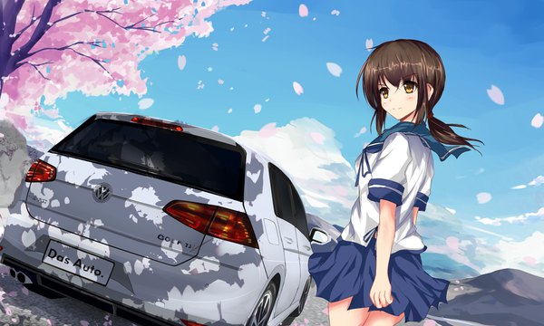 Anime picture 4133x2480 with kantai collection volkswagen fubuki destroyer tianyu jifeng single long hair blush fringe highres hair between eyes brown hair wide image standing payot absurdres sky ahoge outdoors pleated skirt looking back