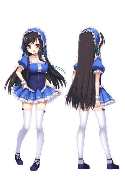 Anime picture 849x1200 with original aixioo long hair tall image open mouth black hair simple background white background brown eyes zettai ryouiki dual persona girl thighhighs dress white thighhighs headdress