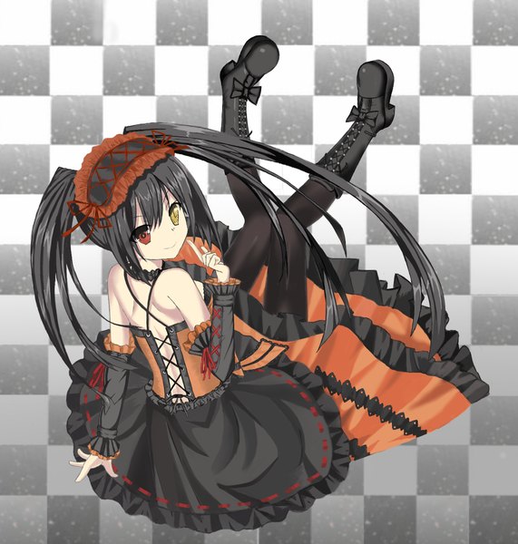 Anime picture 1154x1213 with date a live tokisaki kurumi single long hair tall image looking at viewer black hair twintails bare shoulders light smile heterochromia lolita fashion checkered background uneven twintails girl thighhighs dress black thighhighs detached sleeves choker