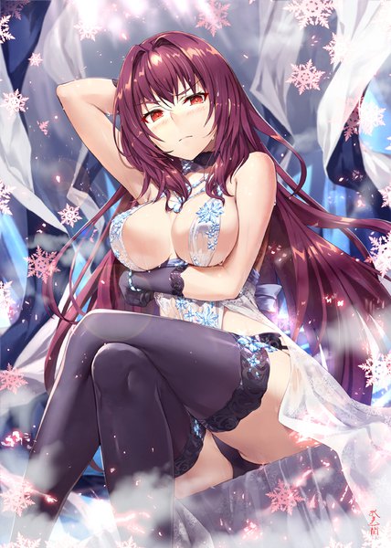 Anime picture 713x1000 with fate (series) fate/grand order artoria pendragon (all) scathach (fate) (all) scathach (fate) artoria pendragon (lancer alter) gabiran single long hair tall image looking at viewer blush fringe breasts light erotic hair between eyes red eyes large breasts sitting bare shoulders