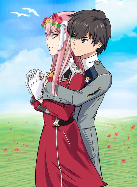 Anime picture 1100x1495 with darling in the franxx studio trigger zero two (darling in the franxx) hiro (darling in the franxx) albyee long hair tall image fringe short hair black hair smile hair between eyes standing payot pink hair sky cloud (clouds) outdoors long sleeves looking back