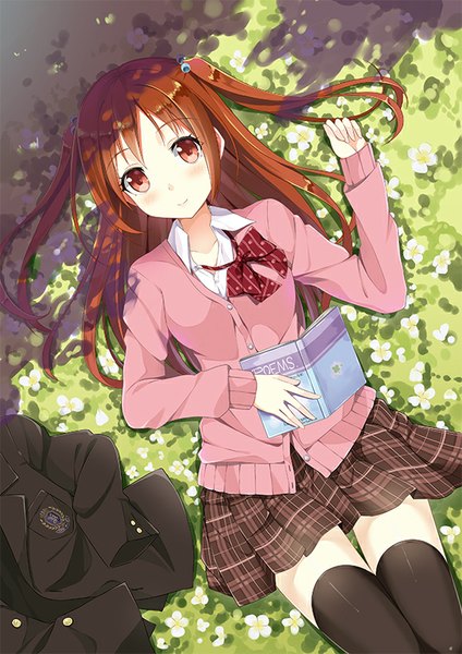 Anime picture 579x818 with original taiyaki (astre) single long hair tall image looking at viewer blush fringe smile brown hair twintails brown eyes lying pleated skirt from above plaid skirt open collar girl thighhighs skirt