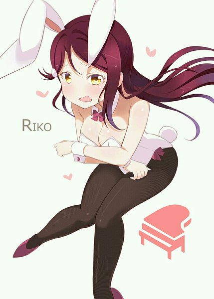 Anime picture 736x1029 with love live! sunshine!! sunrise (studio) love live! sakurauchi riko kitahara tomoe (kitahara koubou) single long hair tall image blush fringe breasts open mouth light erotic simple background hair between eyes white background animal ears yellow eyes cleavage red hair