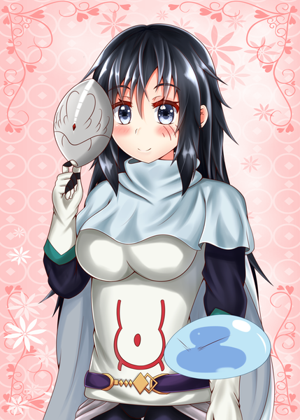 Anime picture 2590x3624 with tensei shitara slime datta ken 8bit rimuru tempest izawa shizue twinklestar1125 long hair tall image looking at viewer blush fringe highres breasts blue eyes black hair simple background smile hair between eyes large breasts standing holding