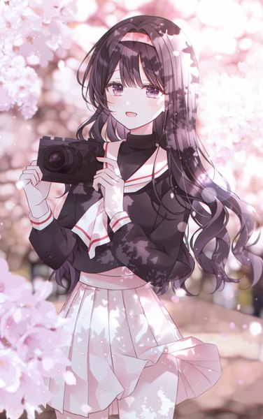 Anime picture 989x1577 with card captor sakura clamp daidouji tomoyo mattang single long hair tall image looking at viewer blush fringe open mouth black hair smile standing purple eyes holding outdoors long sleeves :d pleated skirt