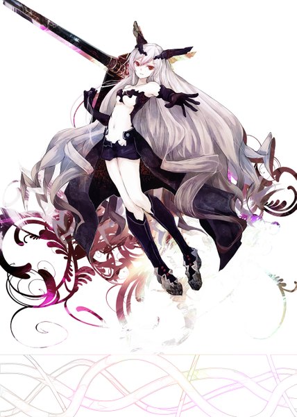 Anime picture 1051x1472 with kantai collection anchorage hime asagi shii single tall image looking at viewer red eyes bare shoulders full body very long hair grey hair pale skin girl gloves hair ornament black gloves elbow gloves shorts boots