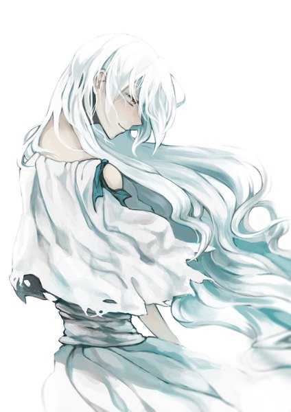 Anime picture 1024x1449 with original gehirnkaefer single tall image fringe simple background red eyes white background bare shoulders white hair very long hair profile torn clothes looking down girl