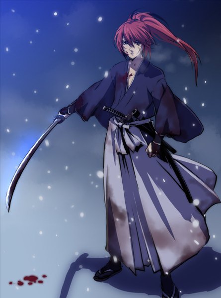 Anime picture 922x1243 with rurouni kenshin himura kenshin yahako single long hair tall image looking at viewer ponytail red hair traditional clothes japanese clothes night shadow snowing scar winter snow exhalation boy weapon
