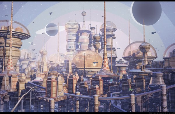 Anime picture 1800x1171 with original arsenixc highres city letterboxed cityscape fantasy building (buildings) star (stars) planet