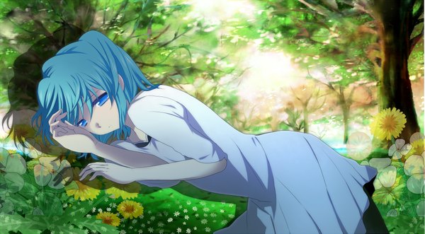 Anime picture 2000x1105 with vocaloid hatsune miku mariwai (marireroy) highres short hair blue eyes wide image blue hair lying girl flower (flowers)