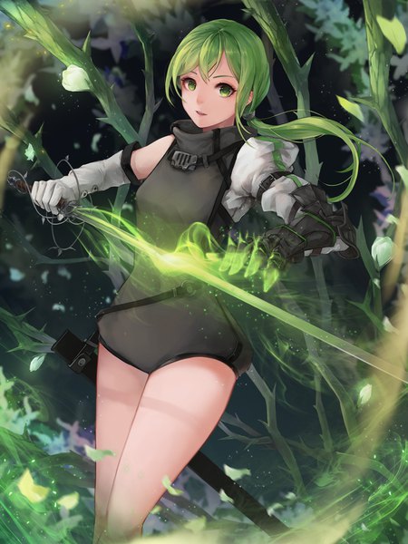 Anime picture 3000x4000 with original crystalherb single long hair tall image looking at viewer fringe highres open mouth smile hair between eyes standing holding green eyes outdoors ponytail green hair magic glowing weapon girl
