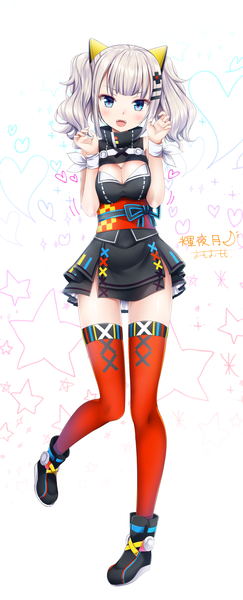 Anime picture 1280x3161 with virtual youtuber the moon studio kaguya luna omoomomo single tall image looking at viewer blush fringe short hair breasts open mouth blue eyes light erotic smile standing twintails signed cleavage silver hair