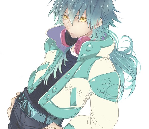 Anime picture 810x706 with dramatical murder nitro+chiral aoba (dmmd) yuta arata single long hair fringe simple background hair between eyes white background yellow eyes looking away upper body from above aqua hair open jacket headphones around neck hands on hips boy jacket