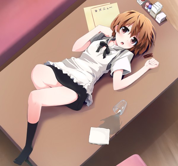 Anime picture 1500x1400 with working!! a-1 pictures inami mahiru grune single blush short hair open mouth full body lying pink eyes from above orange hair waitress girl socks black socks apron table paper