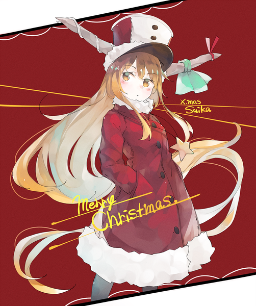 Anime picture 1324x1581 with touhou ibuki suika crazyoton46 single long hair tall image fringe blonde hair yellow eyes looking away long sleeves very long hair horn (horns) character names christmas hands in pockets merry christmas girl hat star (symbol)